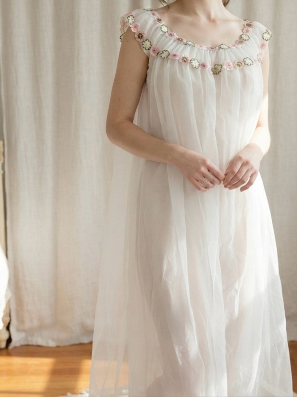 Vintage White Sheer Chiffon Chemise with Pink & Green Floral Trim #081